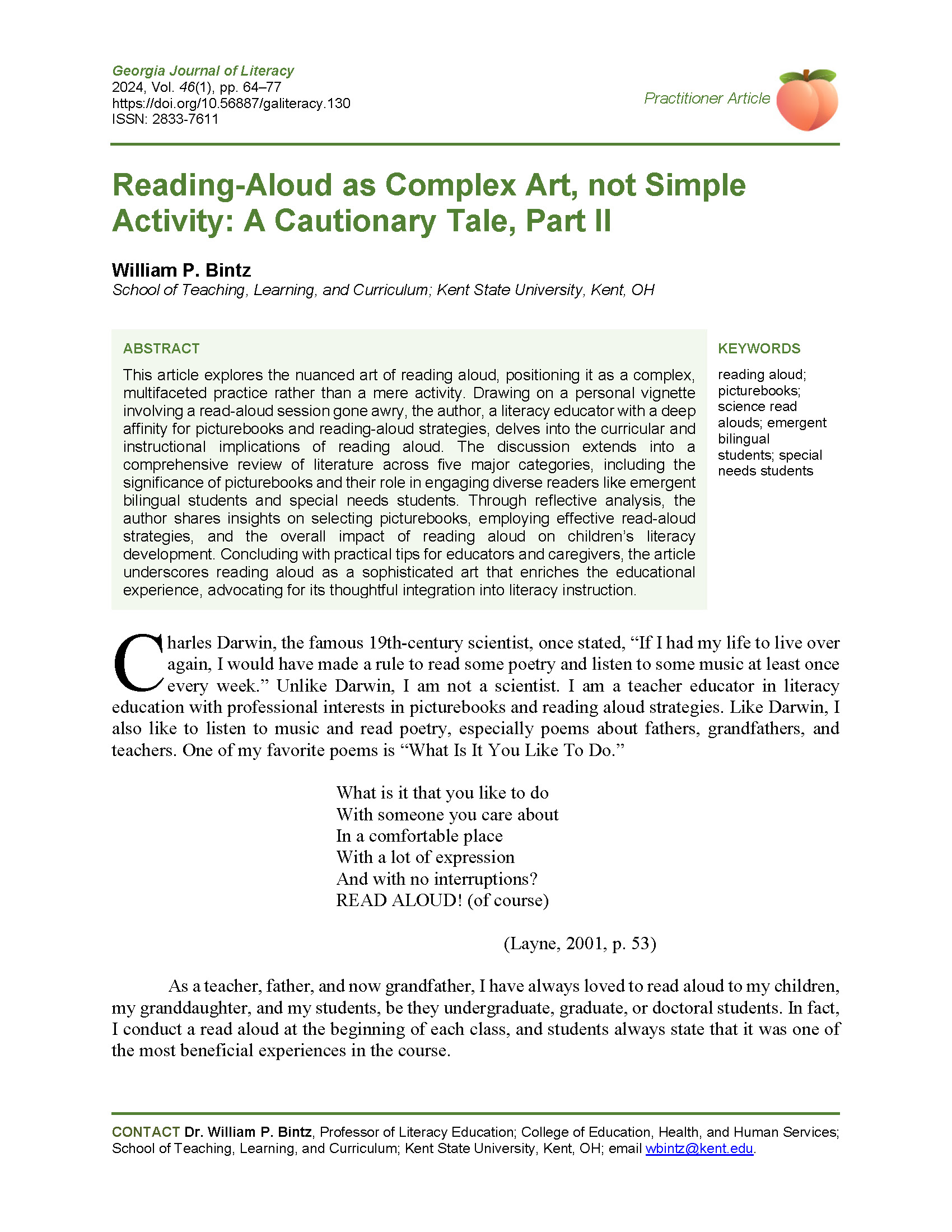 Reading-Aloud as Complex Art (Bintz, 2024)