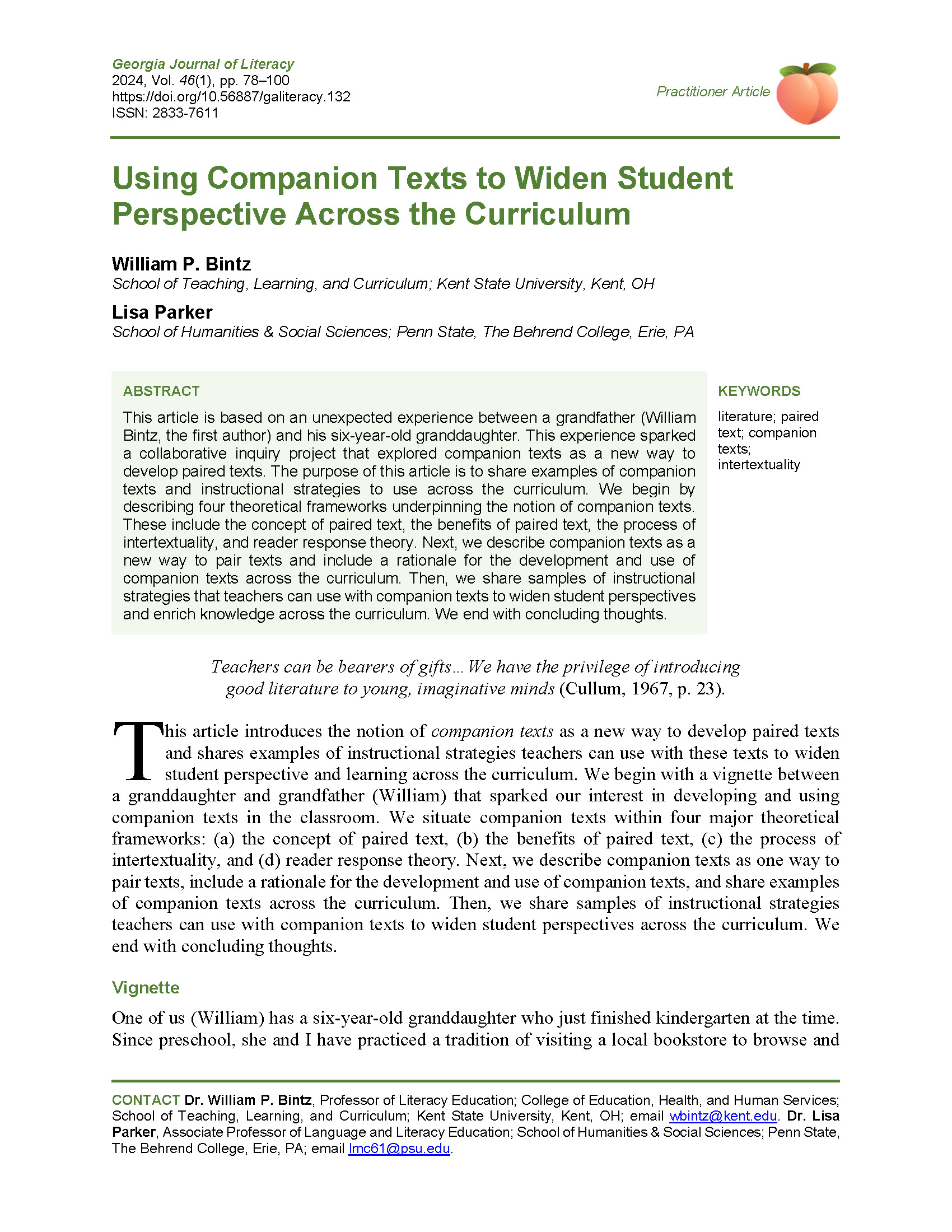 Companion Texts to Widen Student Perspective (Bintz & Parker, 2024)