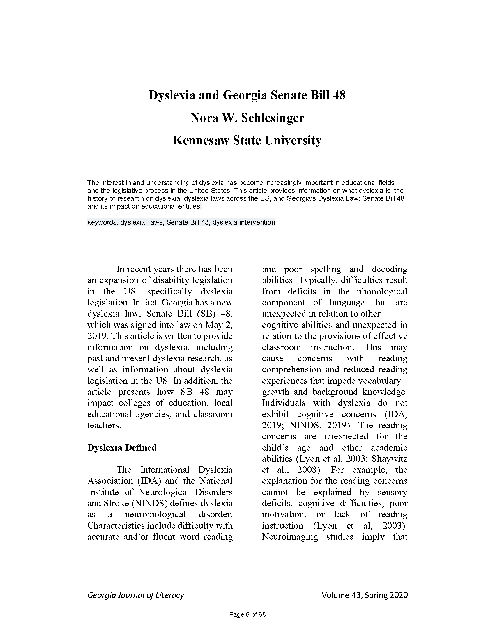 Dyslexia and Georgia Senate Bill 48 (Schlesinger, 2020)