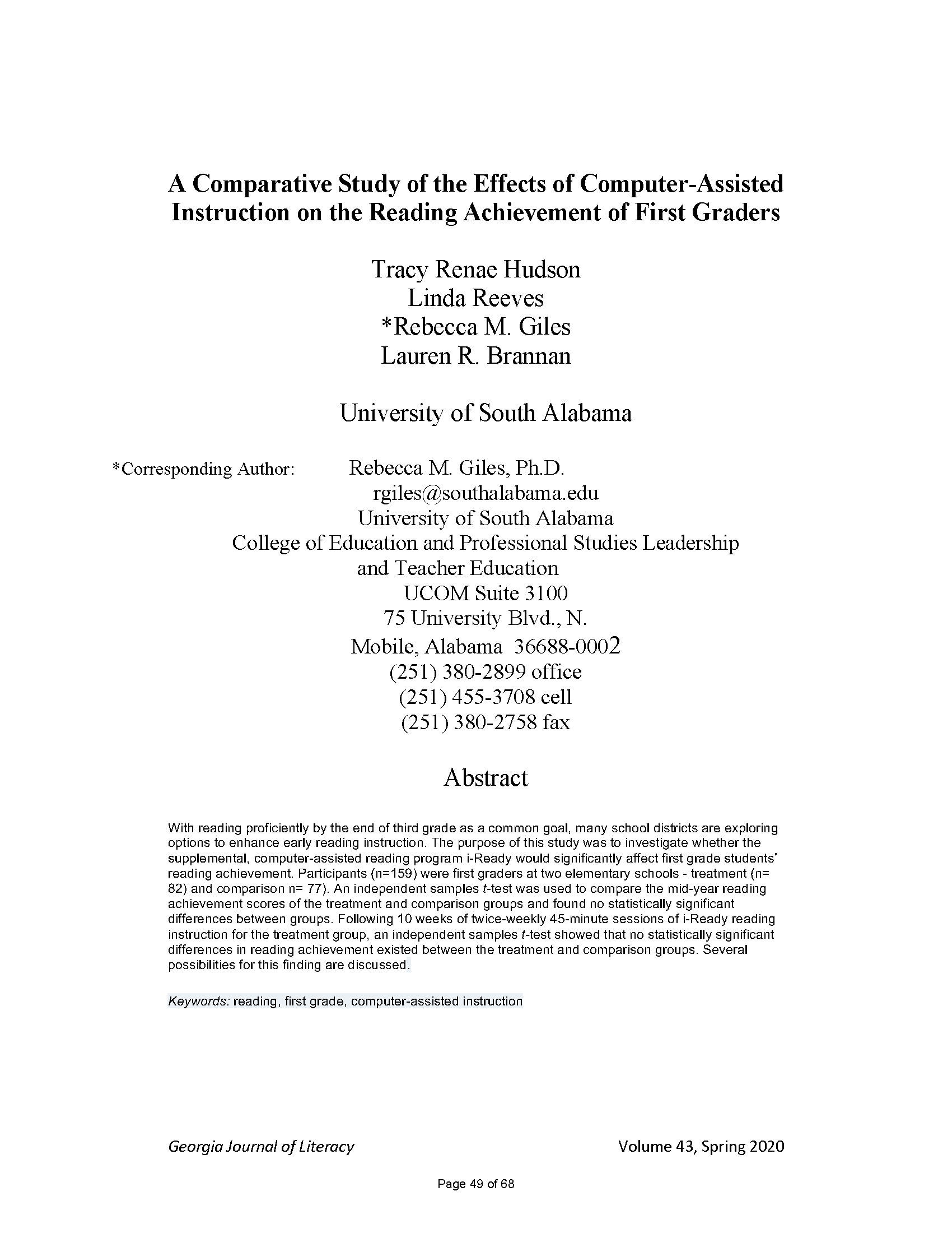 Effects of Computer-Assisted Instruction on the Reading Achievement of First Graders