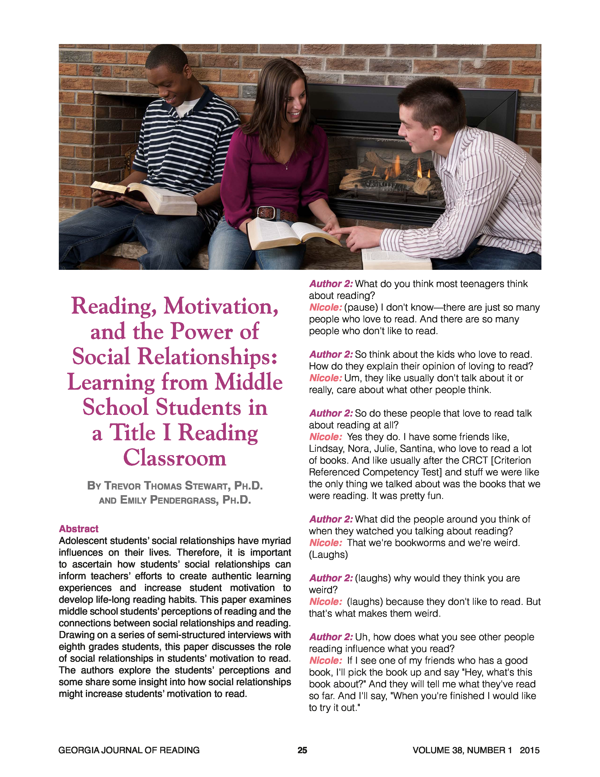 Reading, Motivation, and the Power of Social Relationships (Stewart & Pendergrass, 2015)