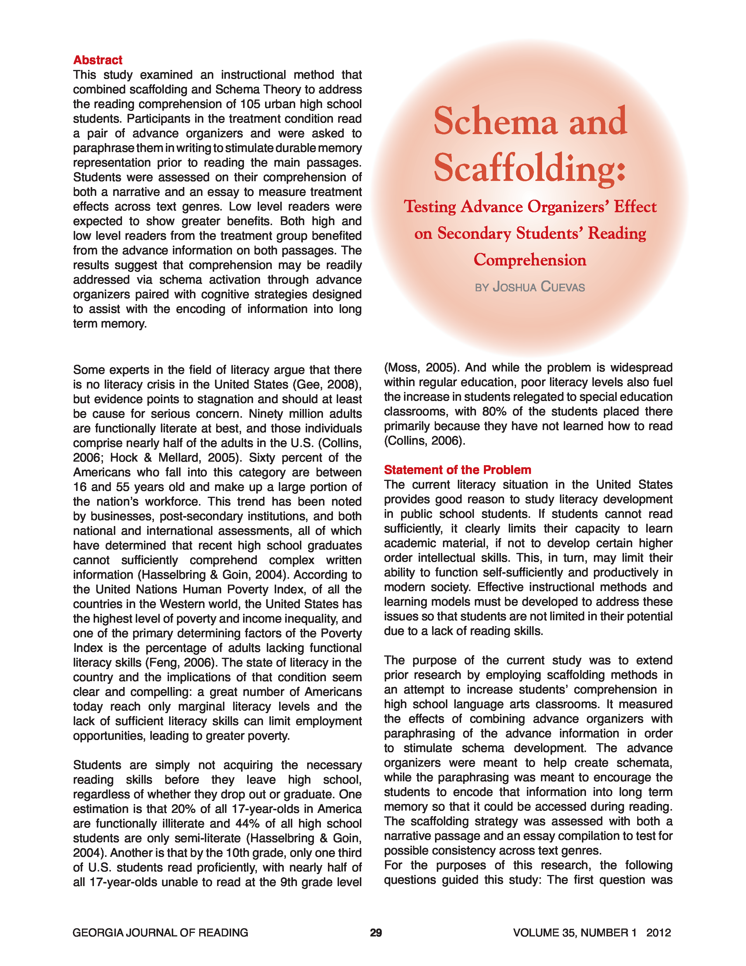 Schema and Scaffolding: Testing Advance Organizers’ Effect on Secondary Students’ Reading Comprehension